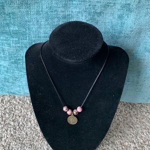 Black rhodonite stone beads & coin charm necklace